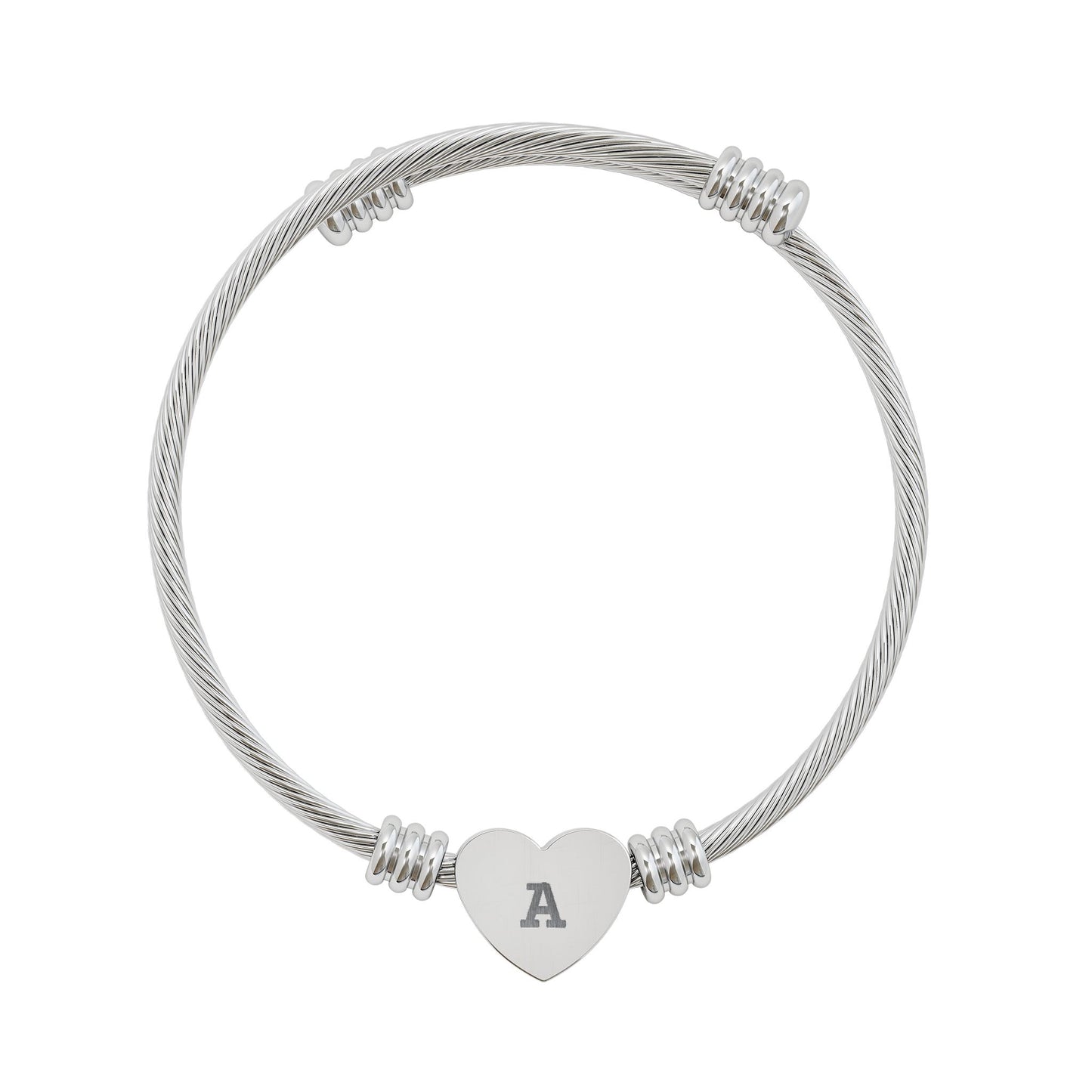 Silver bracelet with a heart-shaped charm and letter 'A' on a white background