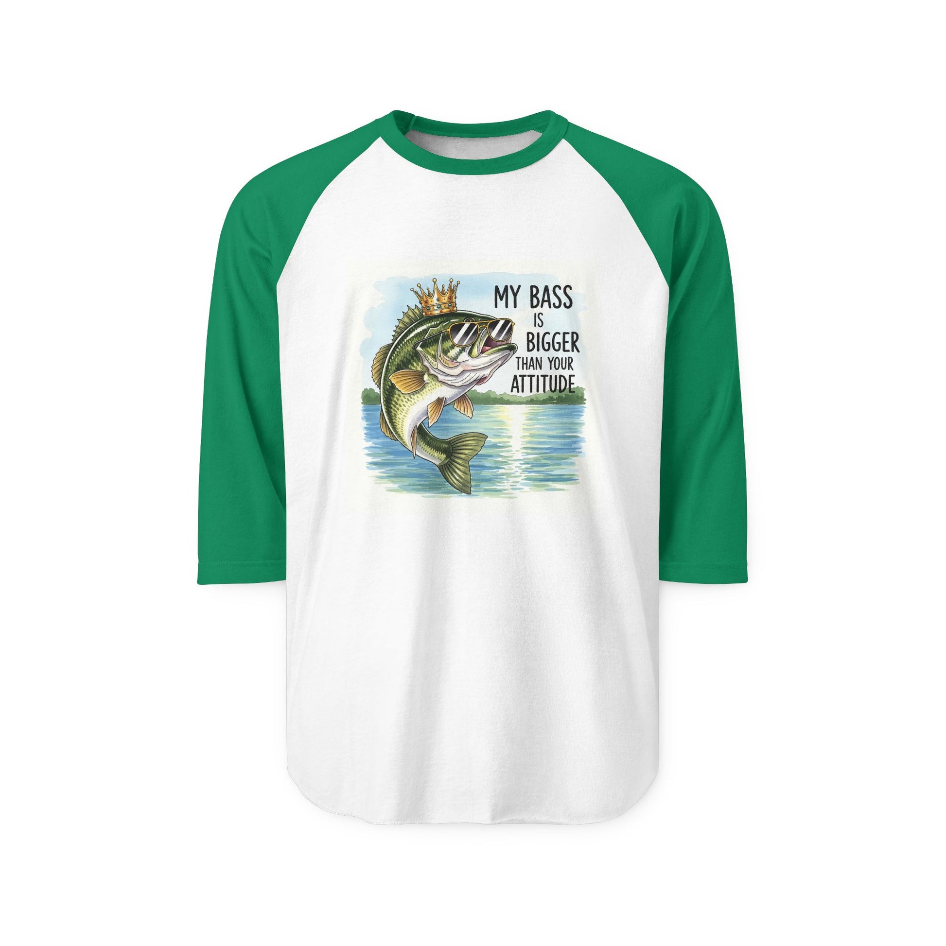 Green and white raglan baseball shirt with a bass graphic and text on a white background