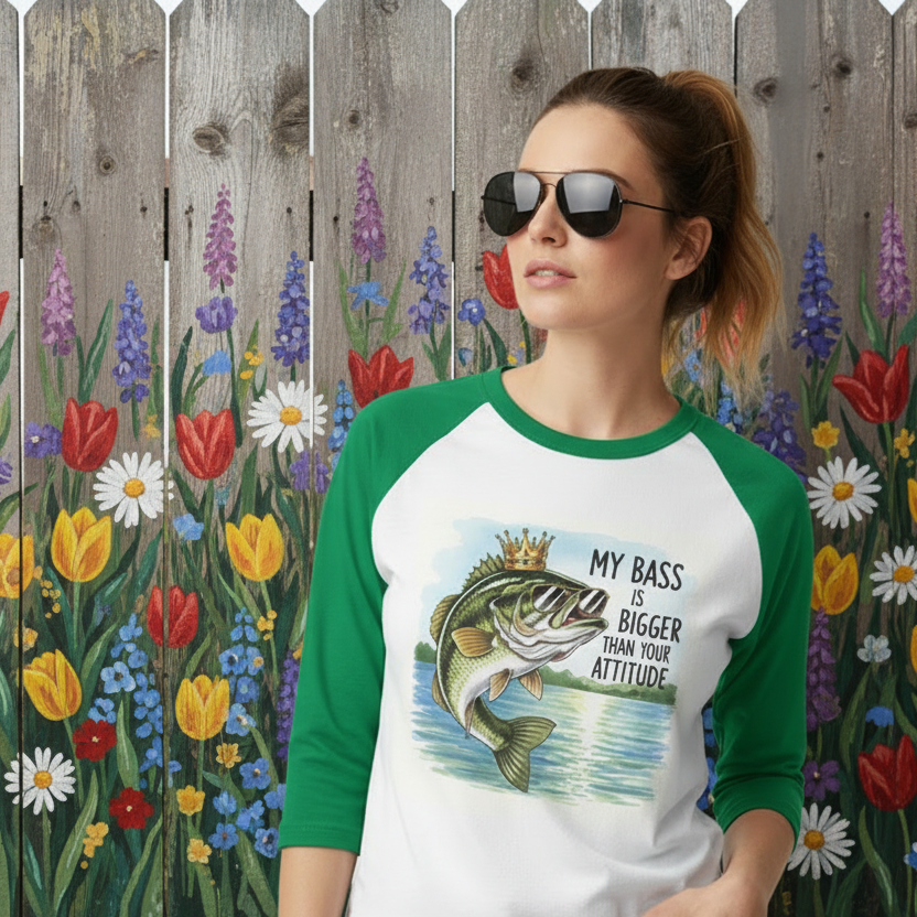 Woman outside next to rustic garden fenc in her green and white raglan t-shirt with the fishing message "My Bass is Bigger then your Attitude."