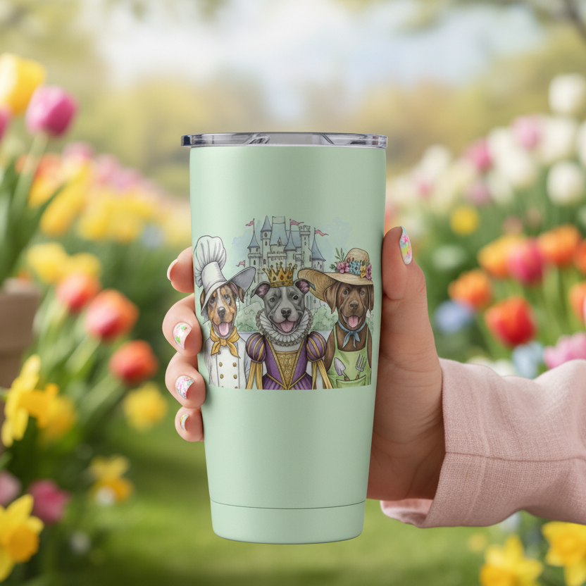 Sticker from the storybook "The Golden Bone" on an insulated tumbler being held in a model's hand.