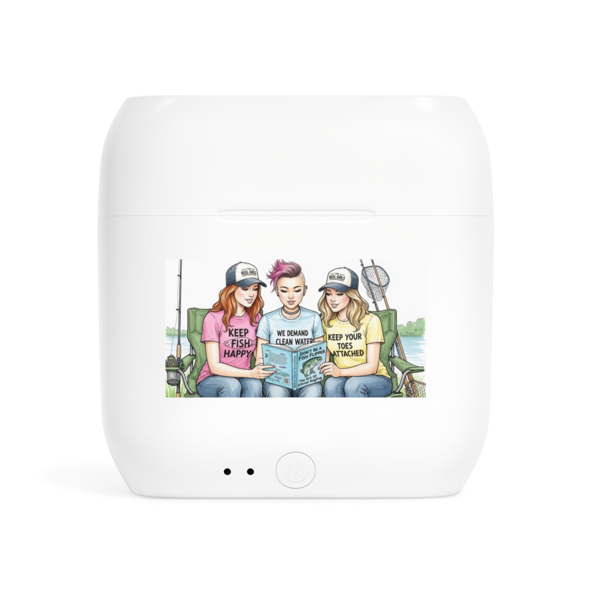 White wireless earbud case with illustration of three people on a boat