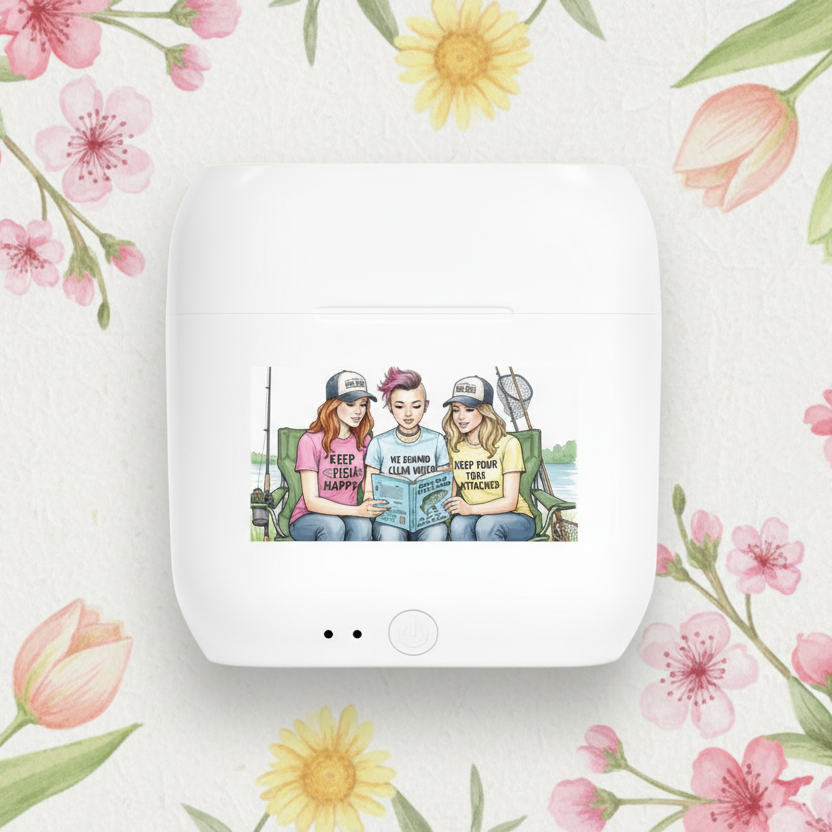 White electronic earbud case with earbuds with a fishing eco-message  displaying an illustration of three people on a lake resting on a floral background