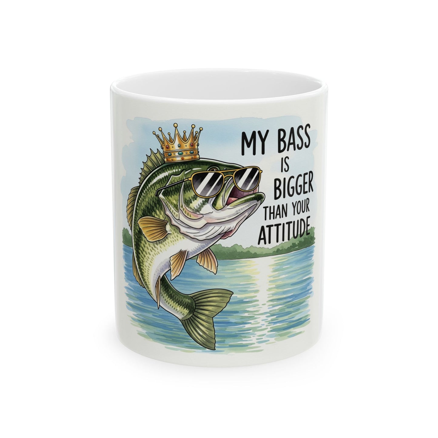 Mug with a bass fish graphic and text on a white background