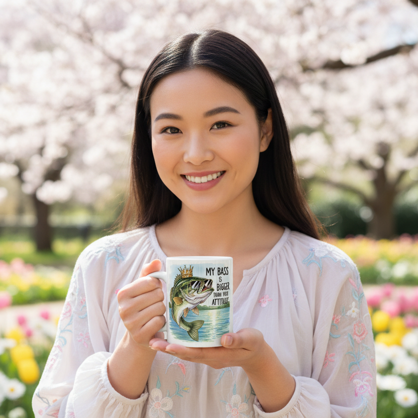 Woman holding a mug with a fish design in a park with cherry blossoms and tulips.