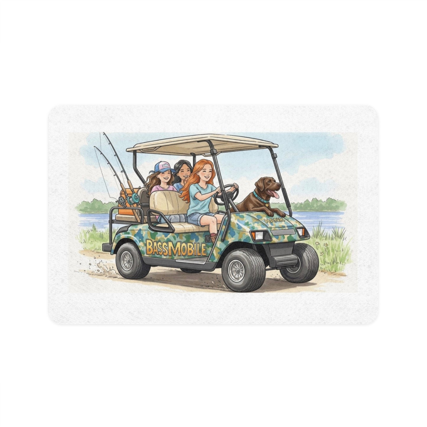 Illustration of a 'Bassmobile' golf cart with people and a dog near a lake.
