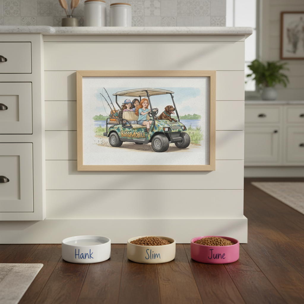 Framed dog food mat of a family in a golf cart with pets, below three pet food bowls on a wooden floor.