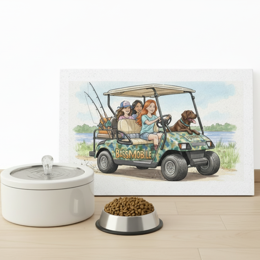 Poster image of a pet food mat of a cartoon golf cart labeled 'Bassmobile' with people and a dog, next to a pet water fountain and food bowl on a wooden floor.