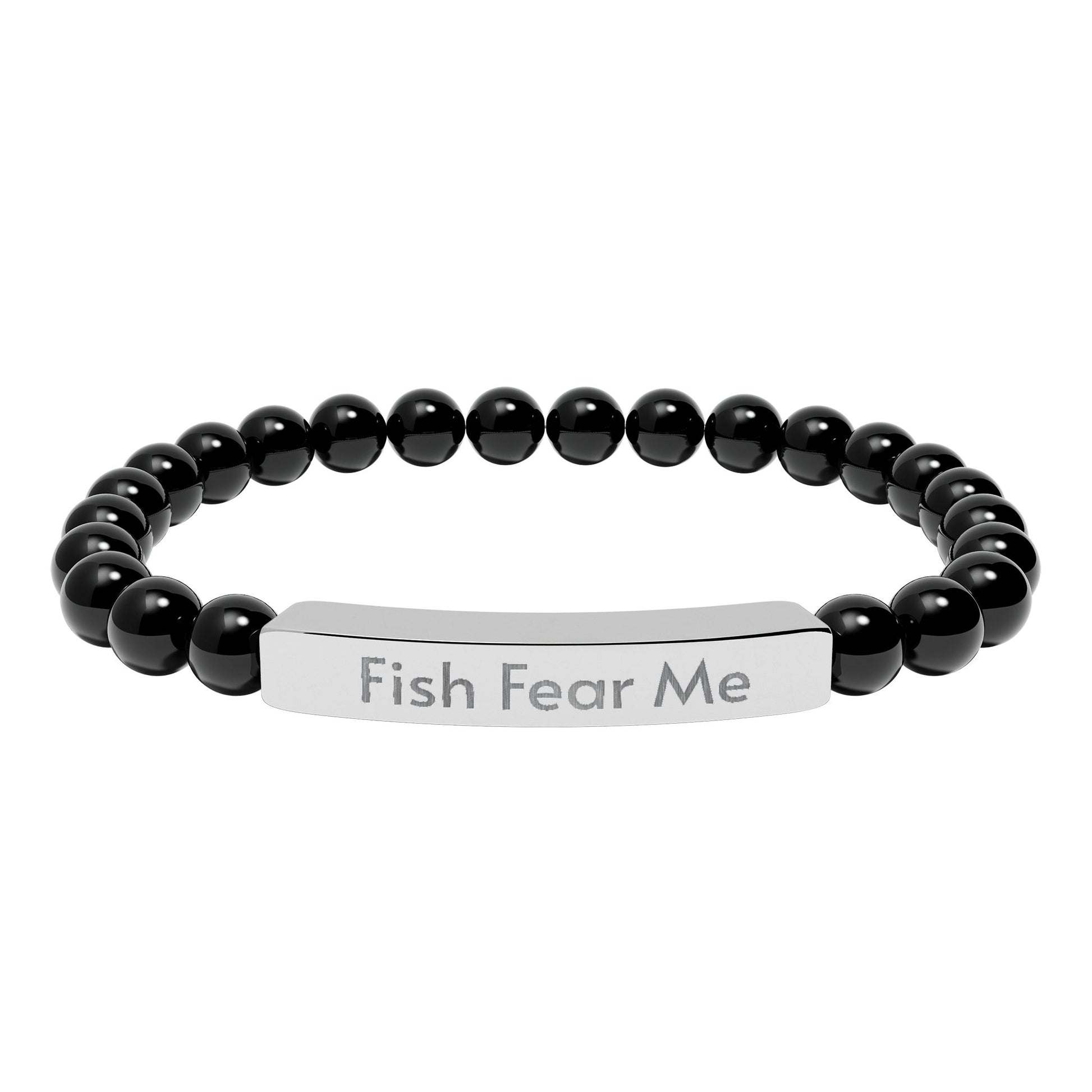 Black beaded bracelet with a silver tag reading 'Fish Fear Me' on a white background