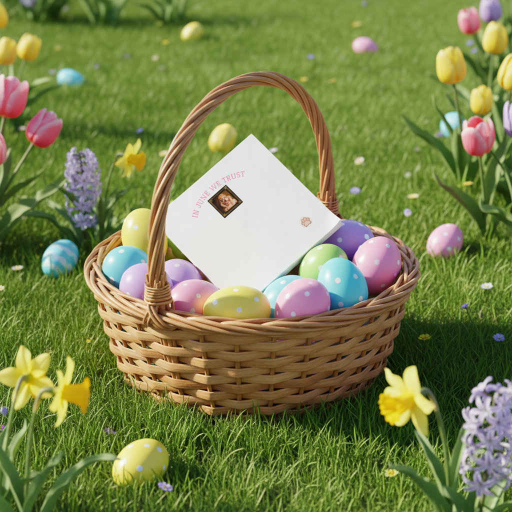 Wicker basket filled with colorful Easter eggs and Queen June Post-it note on a grassy background with flowers.