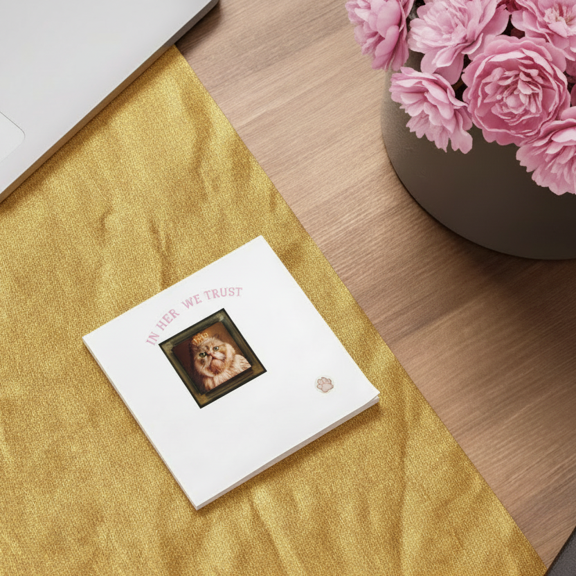 Queen June Small photo post it note pad with a cover featuring text and a small image on a wooden surface with pink flowers.