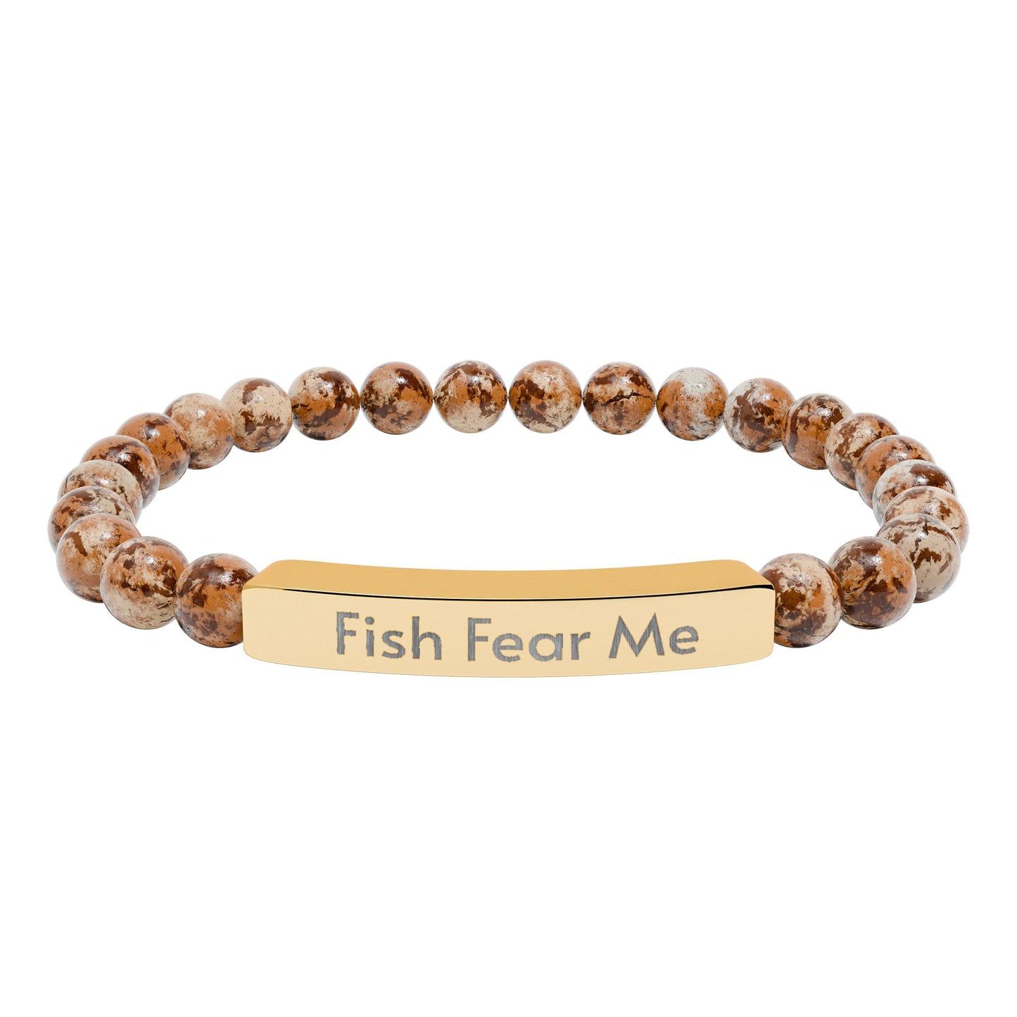 Bracelet with brown beads and gold tag reading 'Fish Fear Me' on a white background