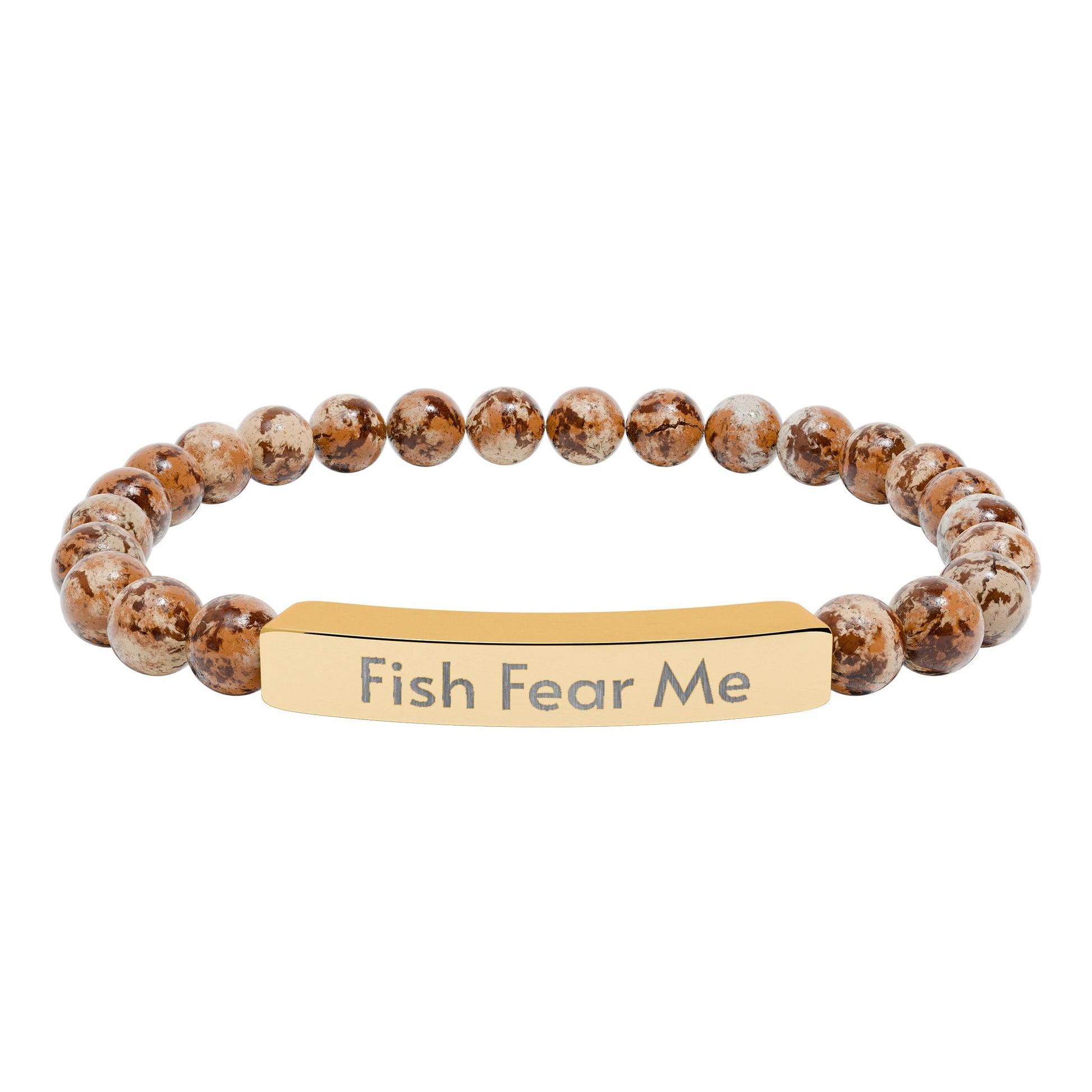Bracelet with brown beads and gold tag reading 'Fish Fear Me' on a white background