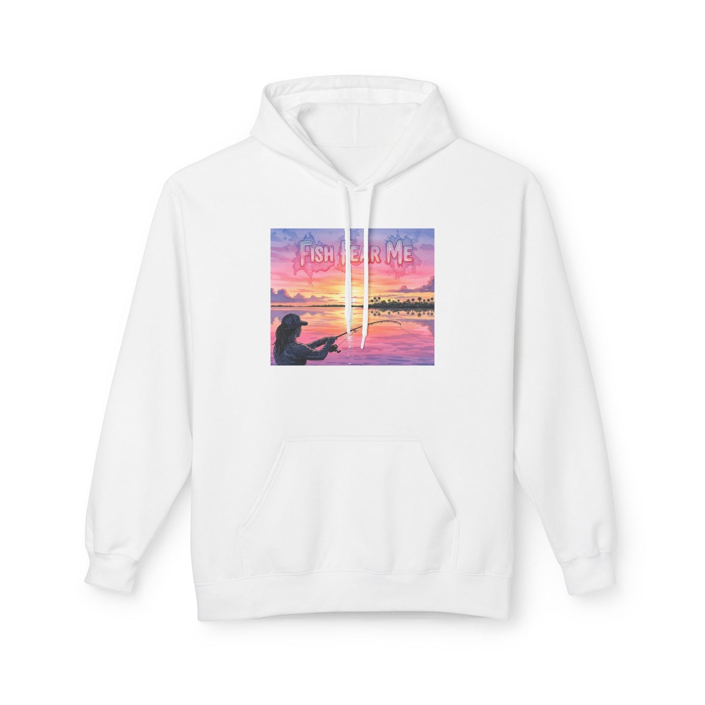 White hoodie with a graphic of a person fishing and 'Fishing is Me' text on a white background