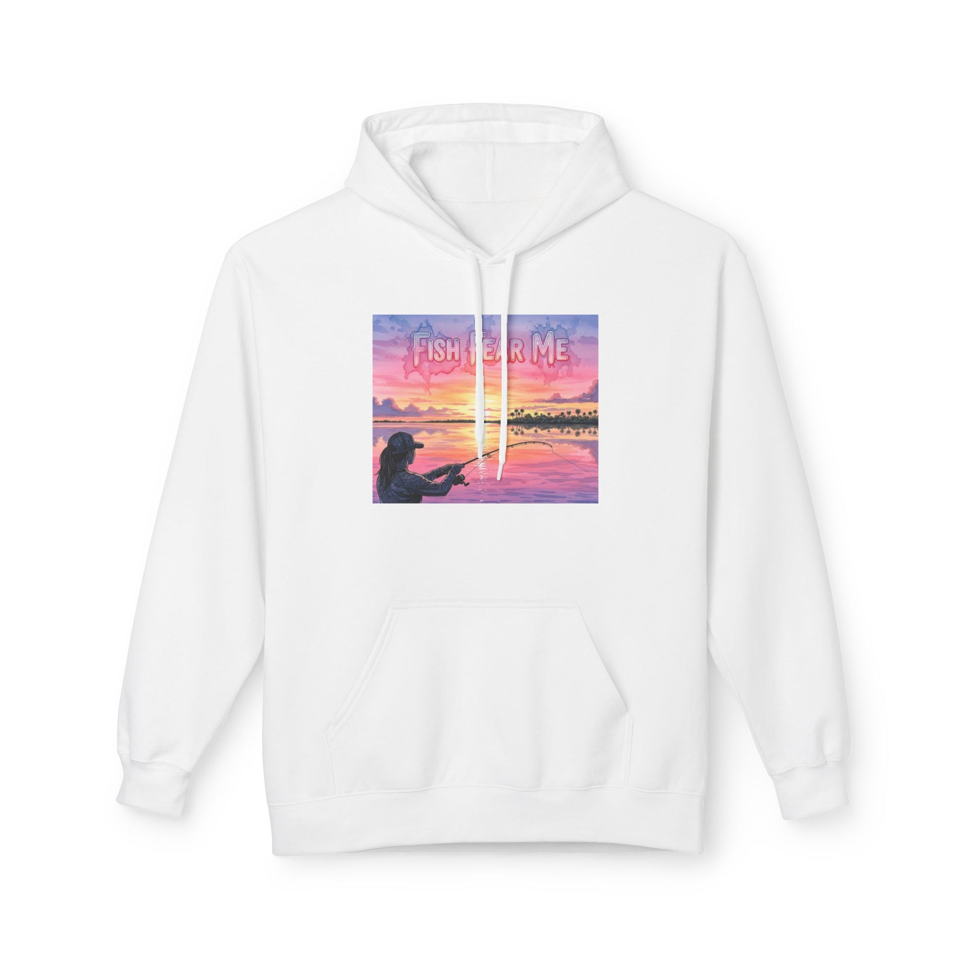 White hoodie with a graphic of a person fishing and 'Fishing is Me' text on a white background