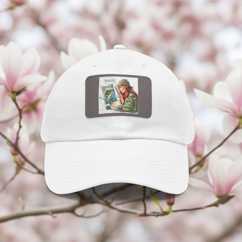White cap with a patch featuring a character in a green outfit against a blurred floral background