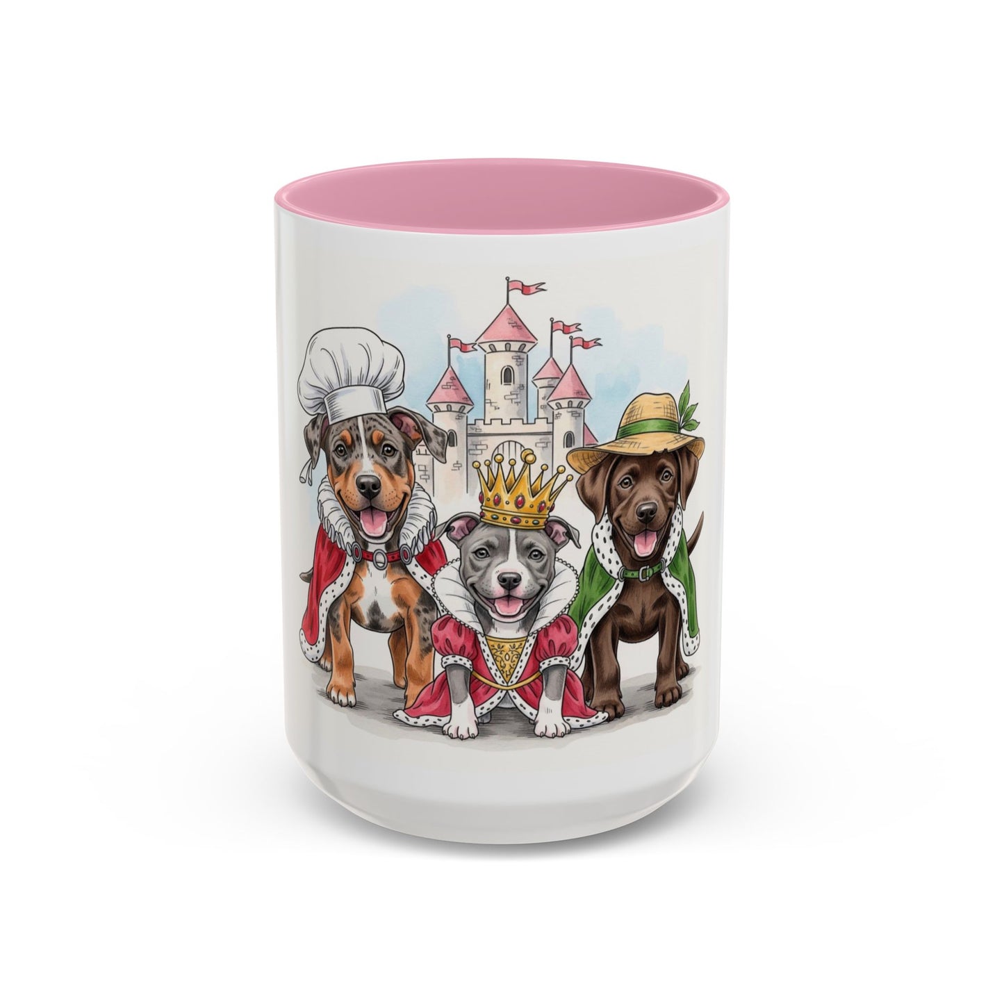 Mug with cartoon dogs in costumes and a castle design on a white background