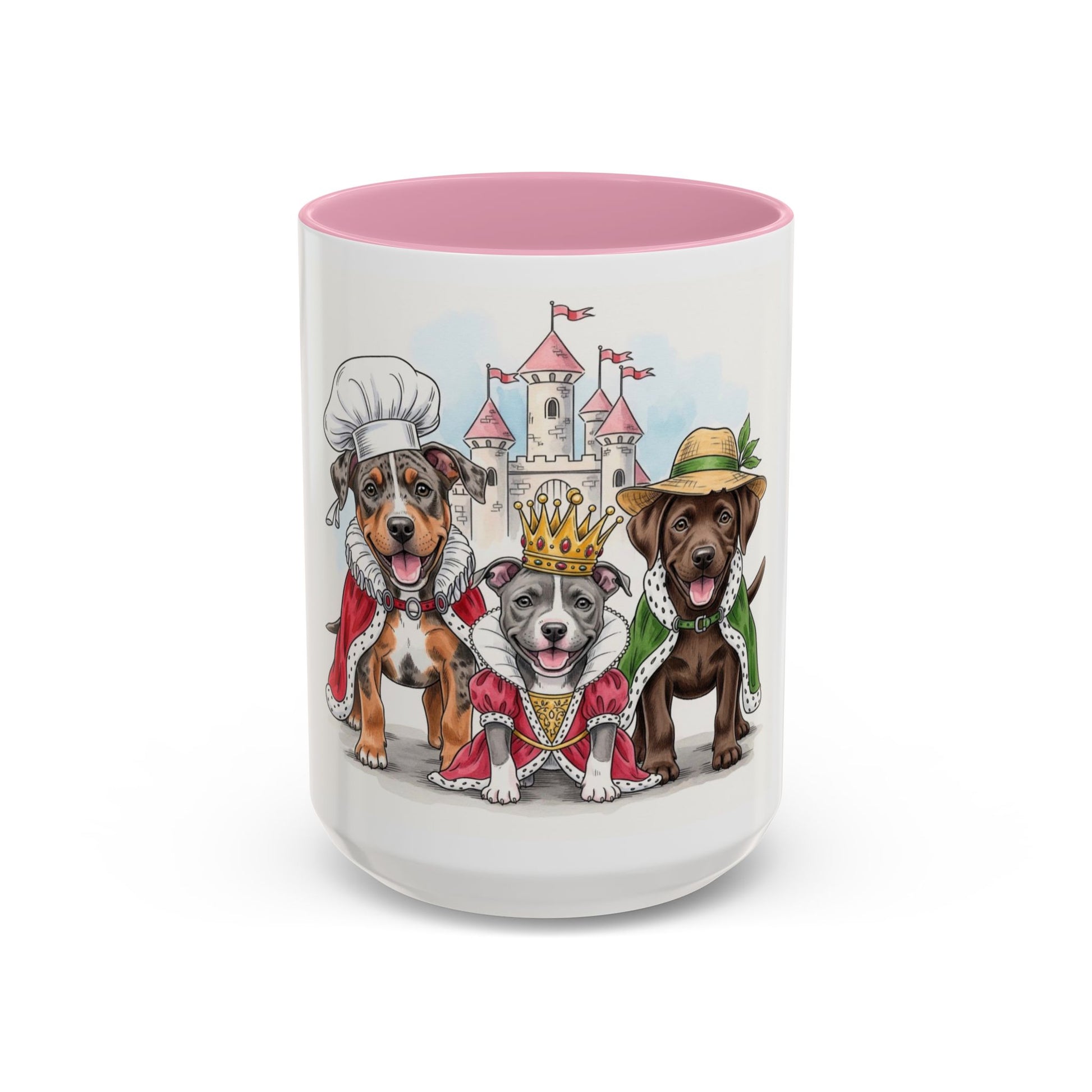 Mug with cartoon dogs in costumes and a castle design on a white background