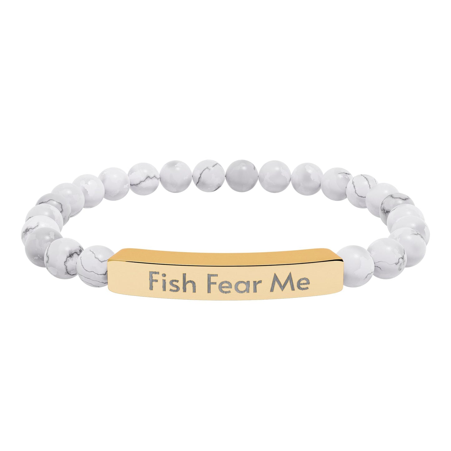 Bracelet with white beads and gold bar with 'Fish Fear Me' text on a white background