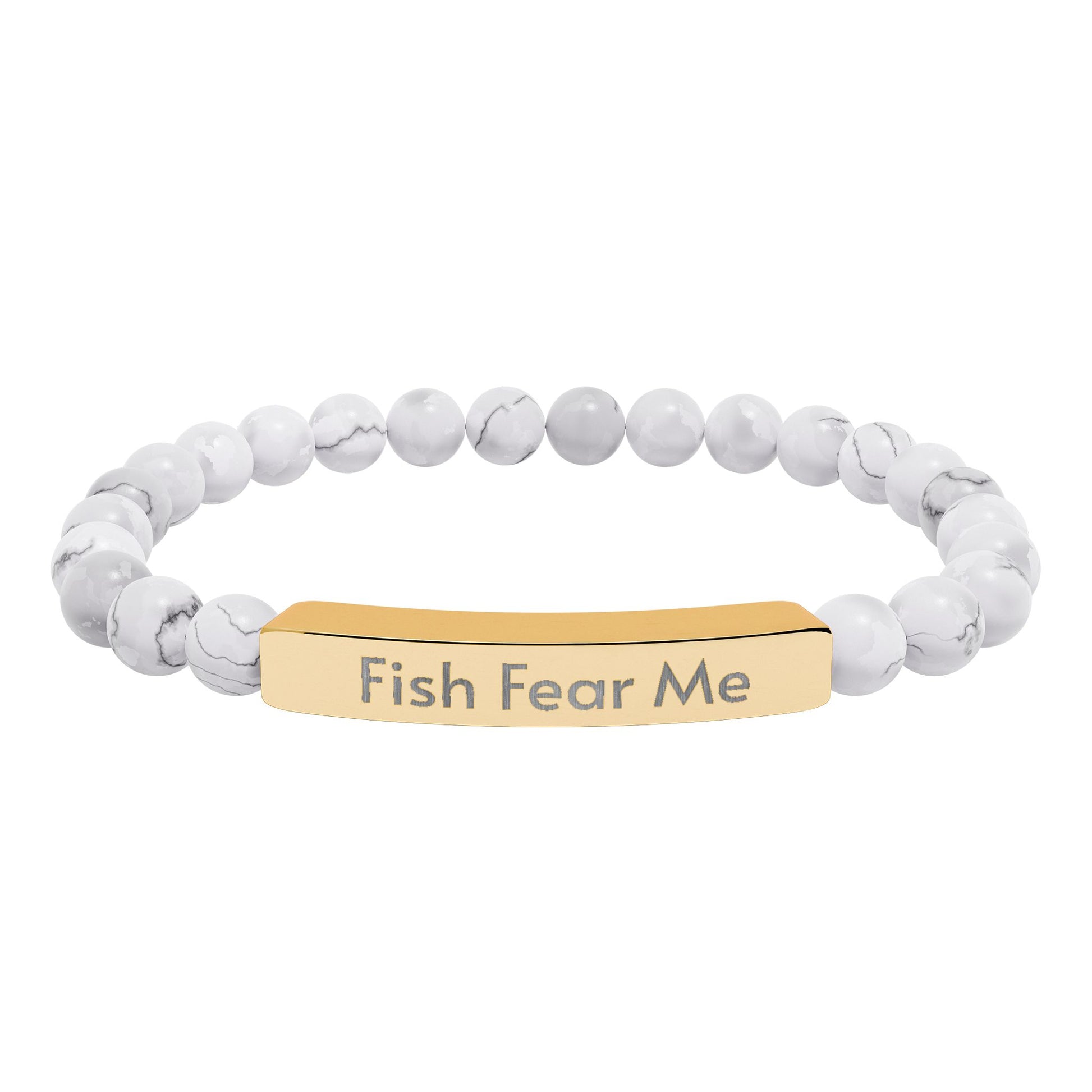 Bracelet with white beads and gold bar with 'Fish Fear Me' text on a white background