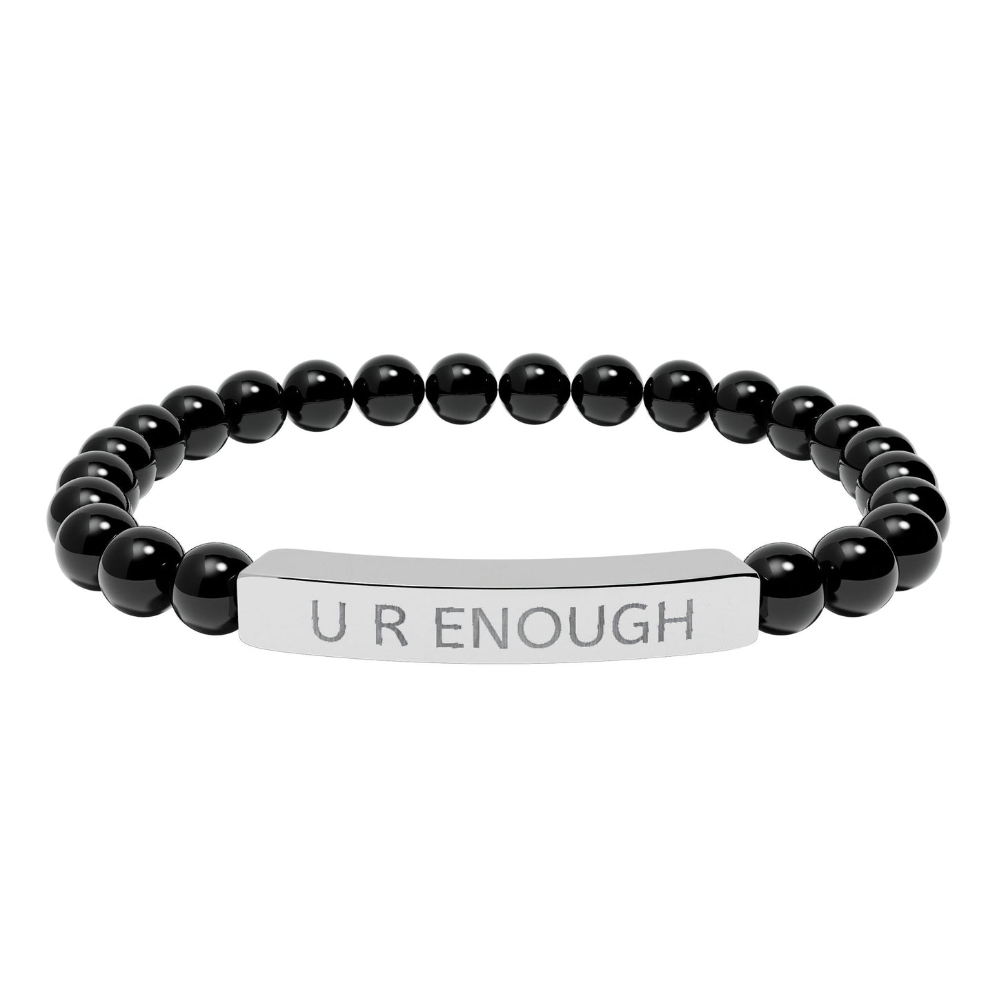 Black natural stone beaded bracelet with a silver tag on a white background