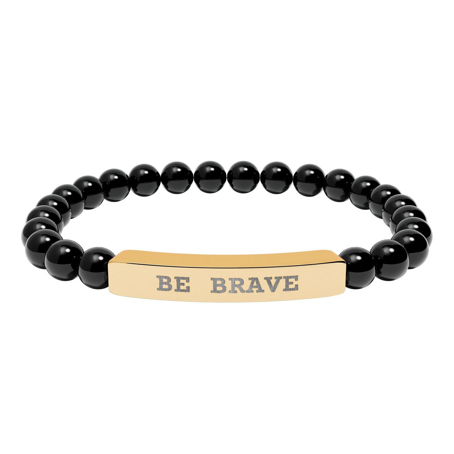 Black natural stone beaded stretch bracelet with a gold message engraved  that says 'BE BRAVE' on a white background