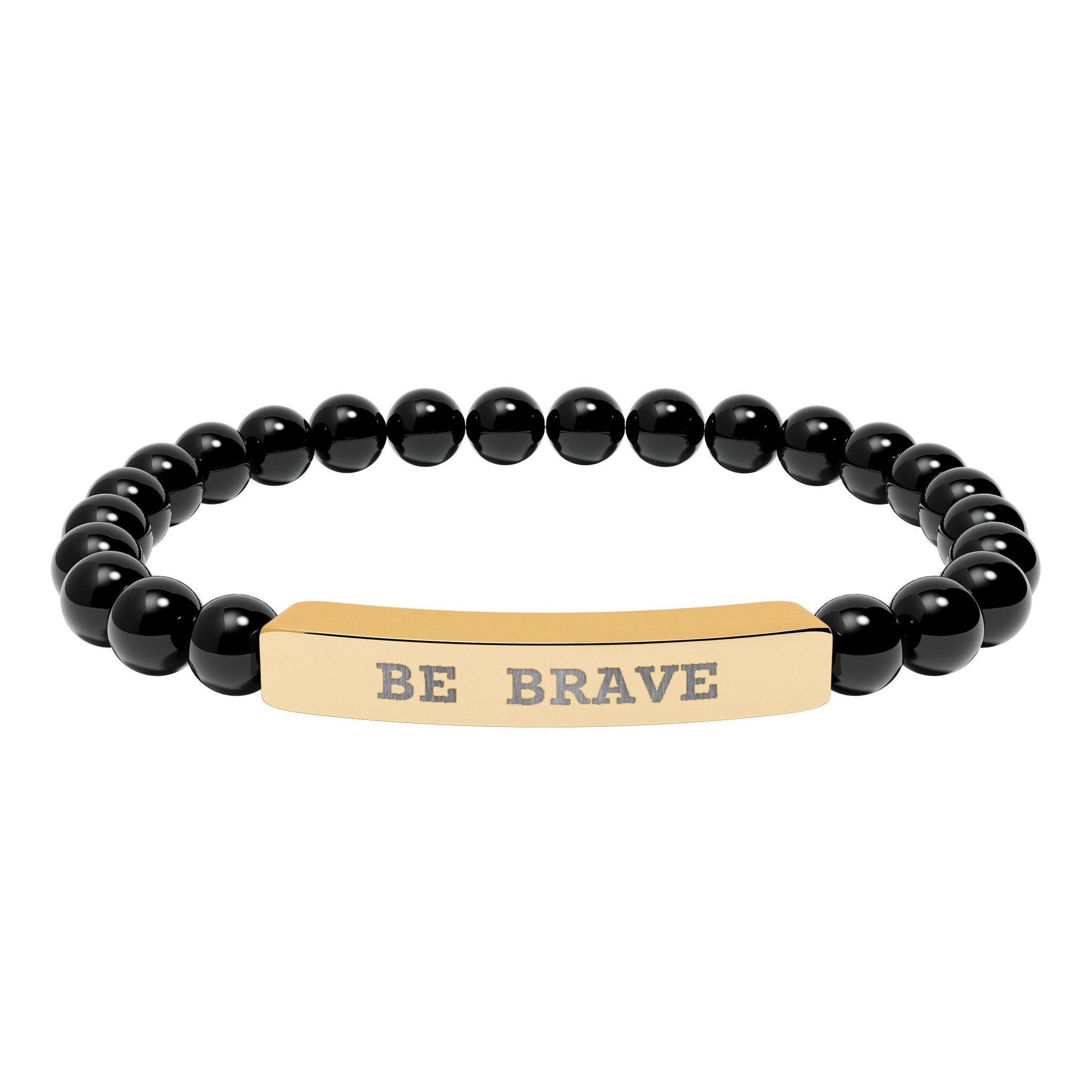 Black natural stone beaded stretch bracelet with a gold message engraved  that says 'BE BRAVE' on a white background