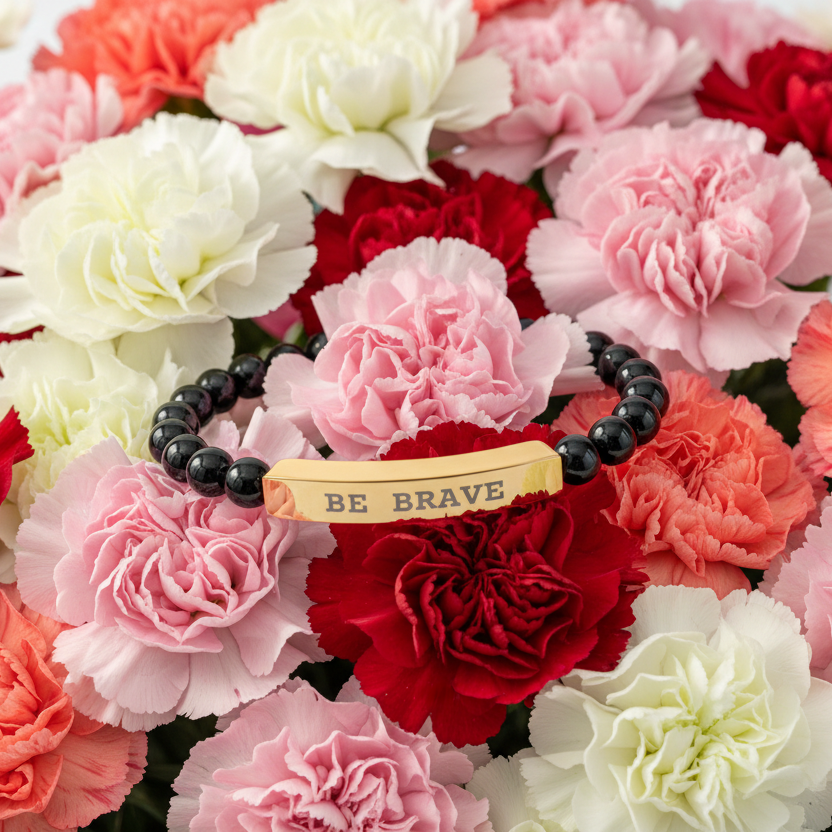 Natural Stone stretch bracelet with 'BE BRAVE' message on an engraved gold bar on a bed of red, pink, and white flowers