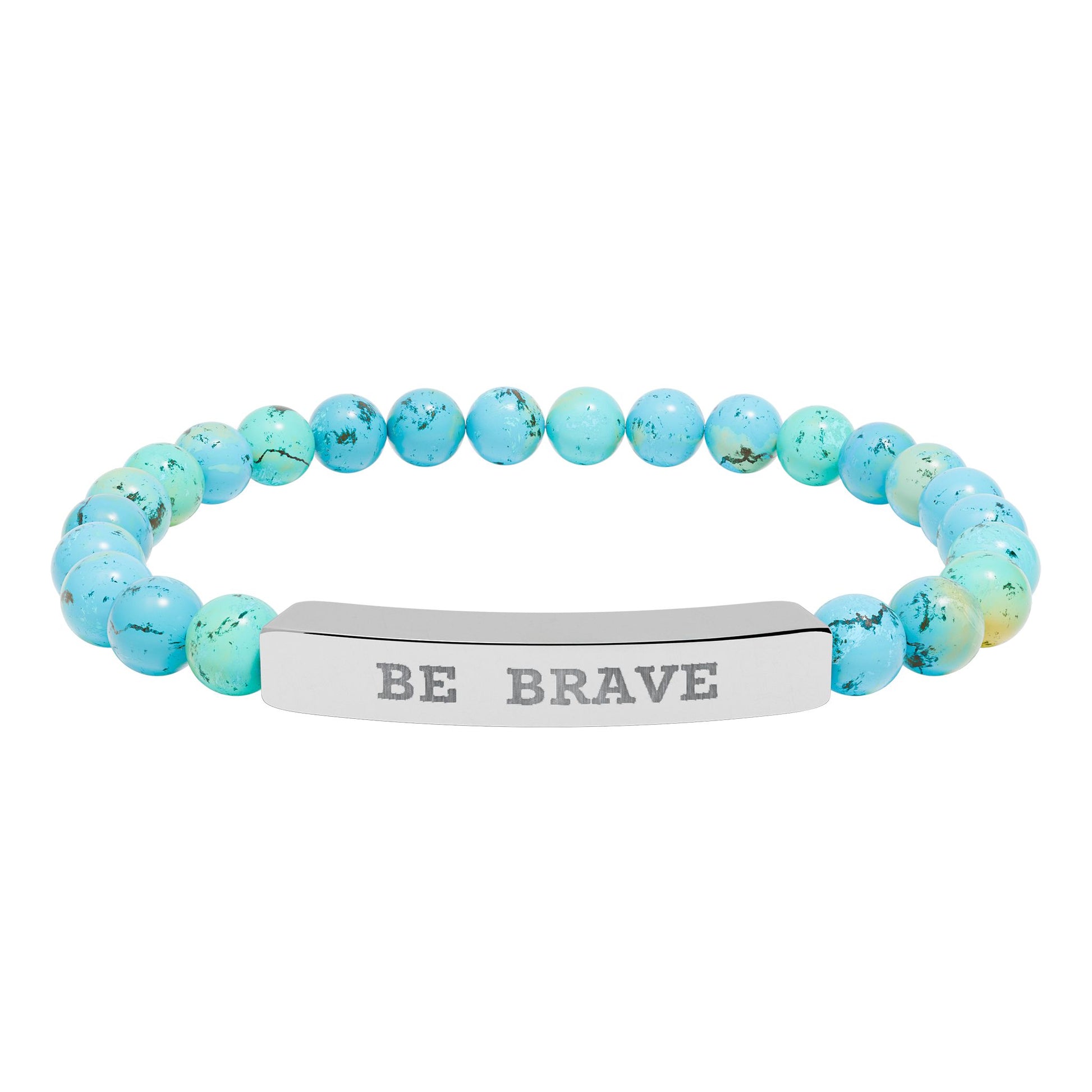 Turquoise natural stone beaded stretch bracelet with Be Brave engraved on silver bar on white background