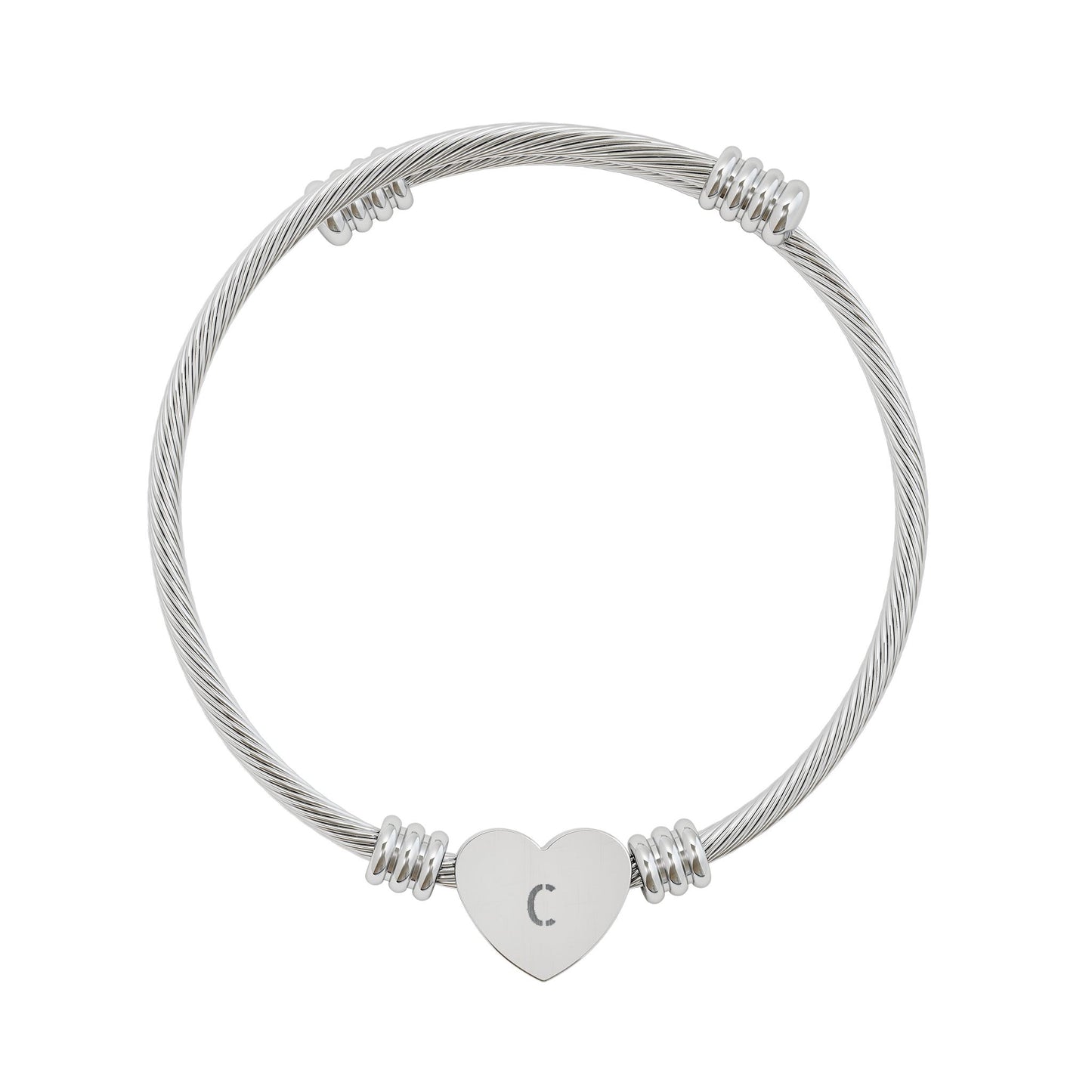 Silver cable bracelet with a heart-shaped charm  with Initial "C" on a white background