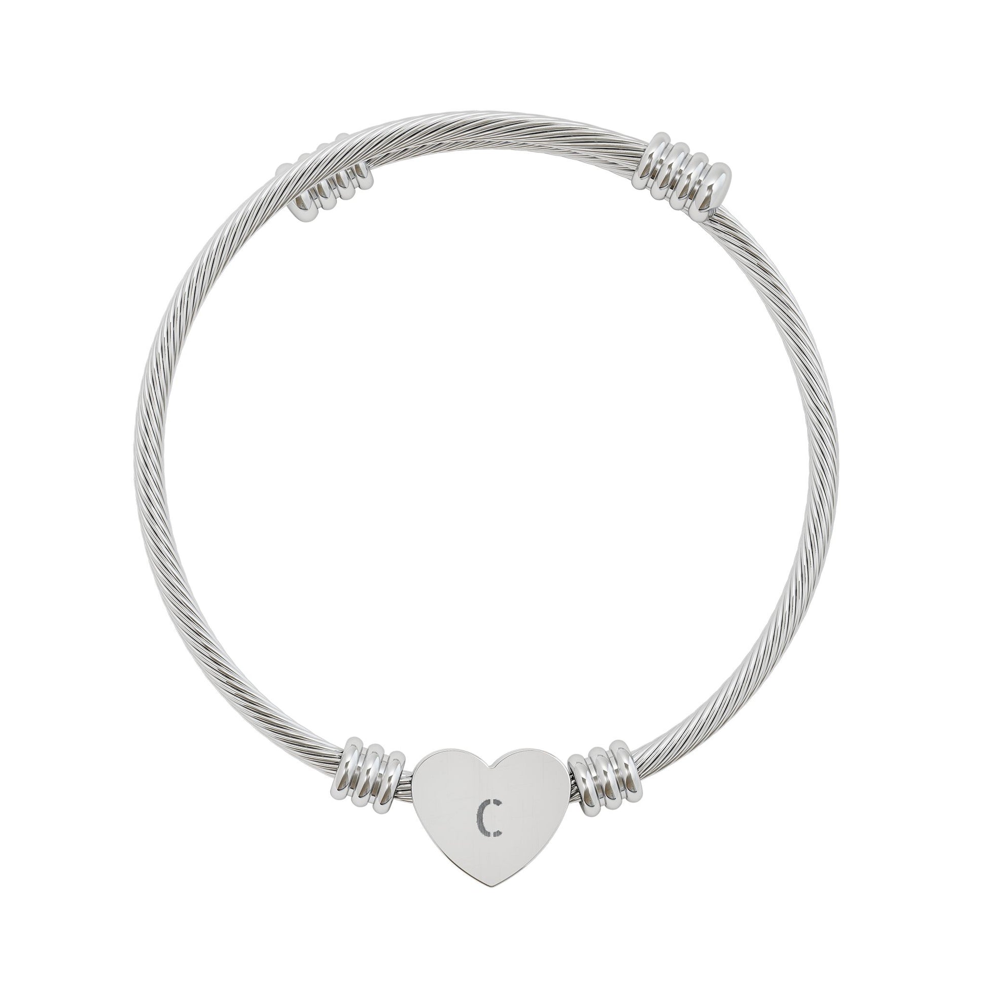 Silver cable bracelet with a heart-shaped charm  with Initial "C" on a white background