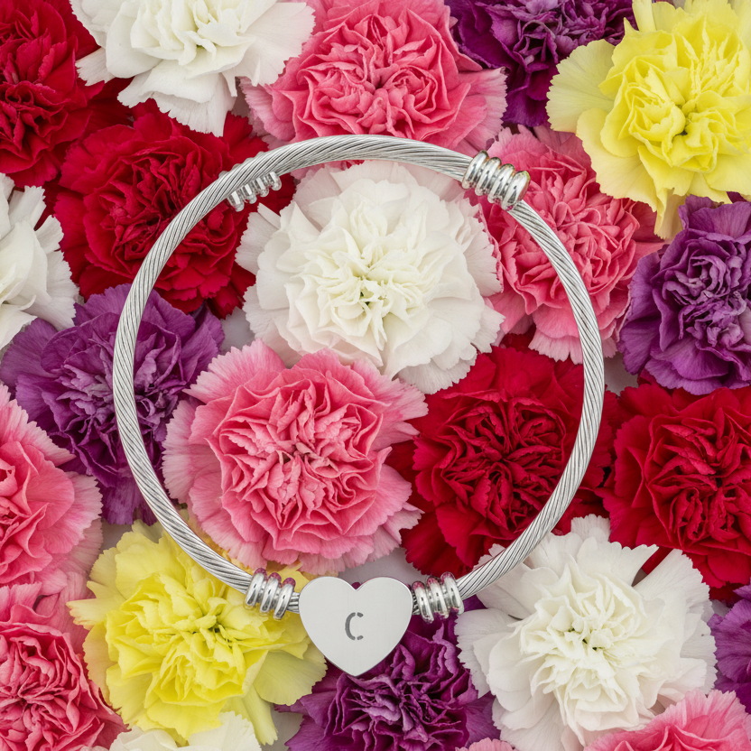 Silver adjustable bracelet with heart charm with Initial "C" o it laying on a bed of various color flowers.