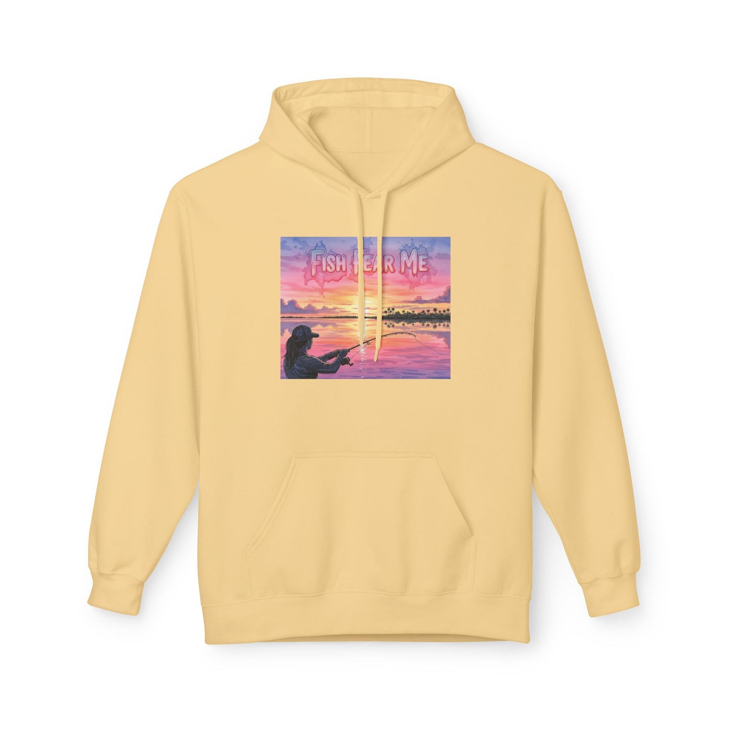 Yellow hoodie with a graphic of a person fishing at sunset on a white background