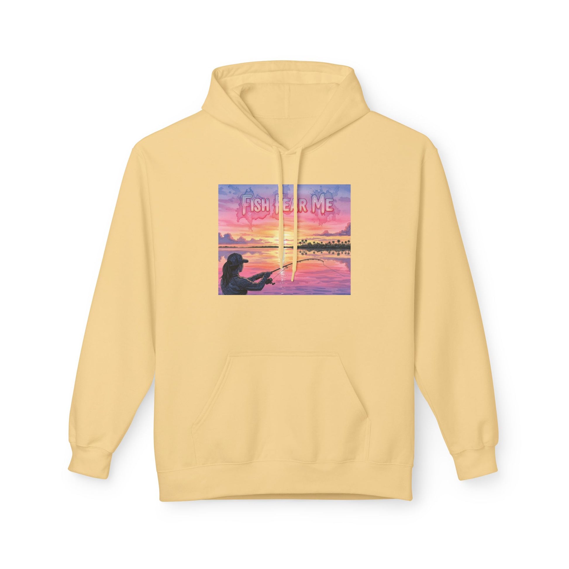 Yellow hoodie with a graphic of a person fishing at sunset on a white background