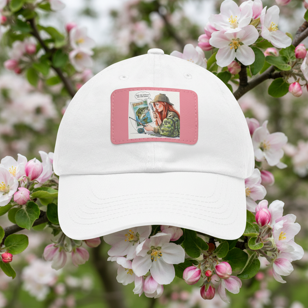 White cap with a patch featuring a person reading a book, placed among white flowers.