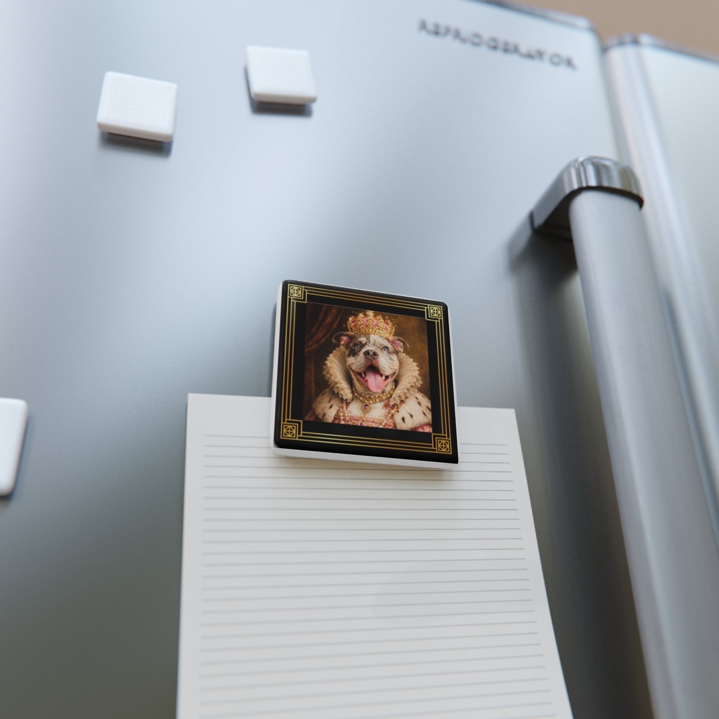 Fridge magnet with a Queen June's face on a refrigerator next to a notepad
