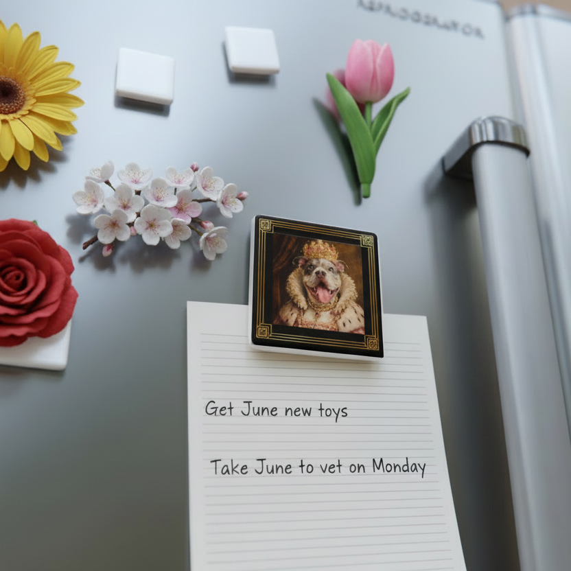 Fridge with magnets including Queen June's magnet, flowers, and a notepad with handwritten notes.