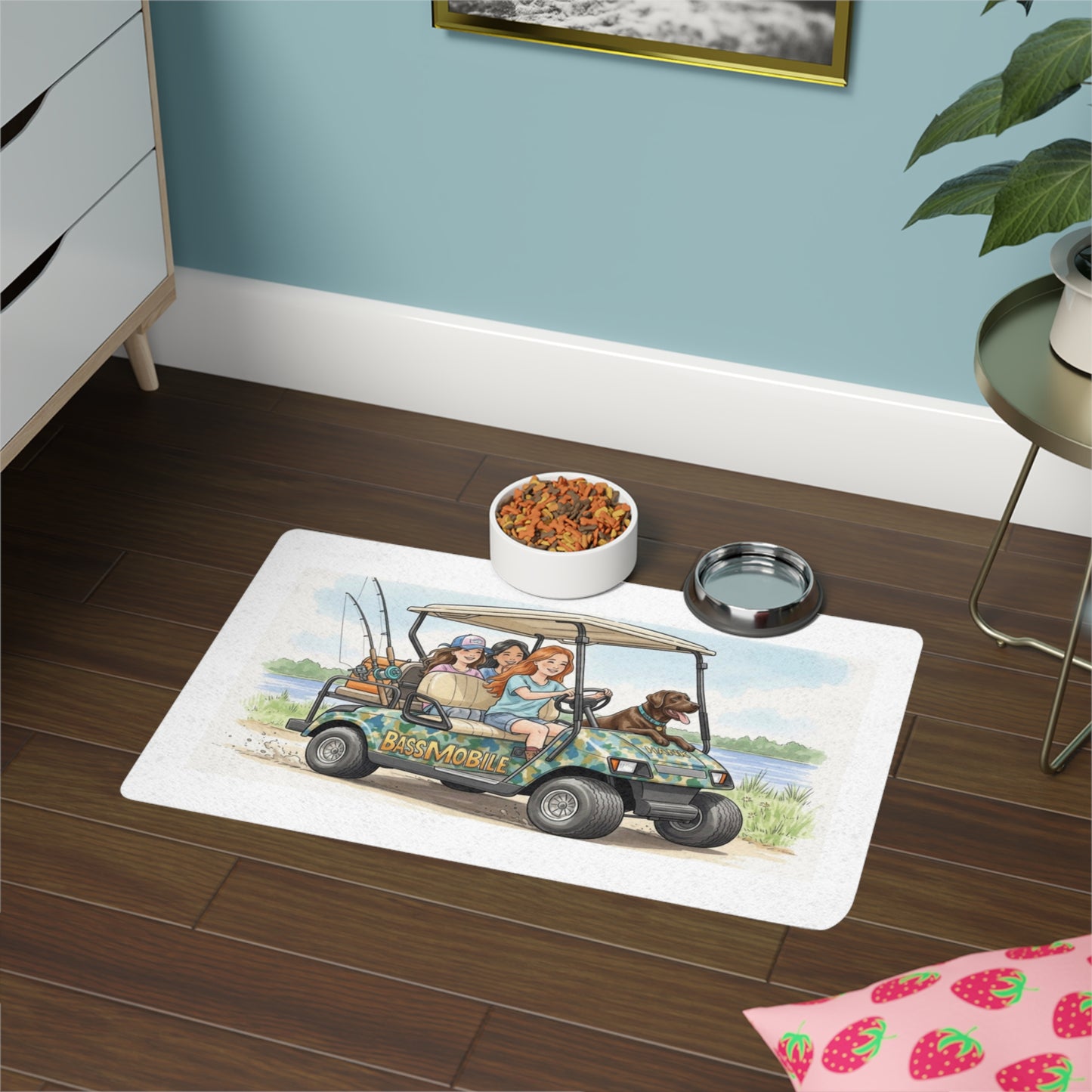 Doormat with a design of a golf cart and people on a wooden floor.
