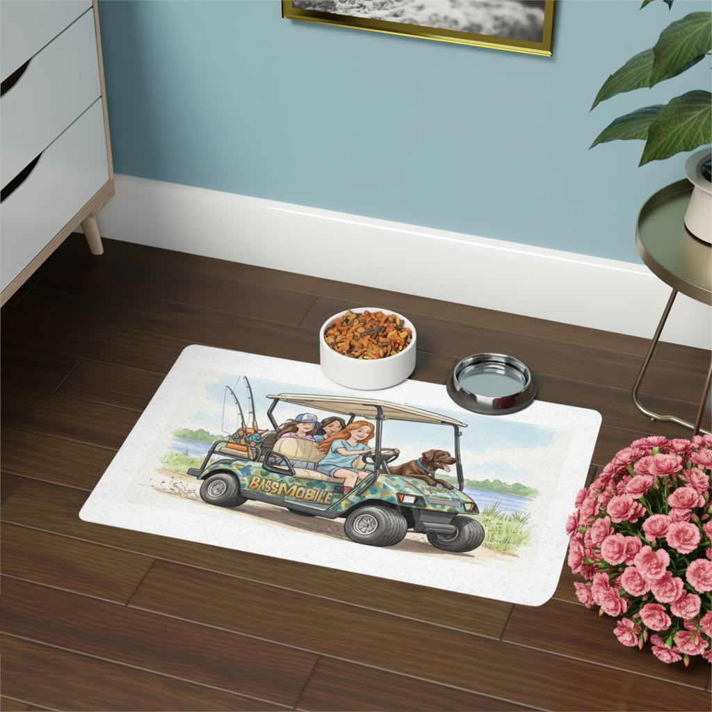Doormat with a cartoon design of a family in a golf cart, placed on a wooden floor next to a bowl and a plant.