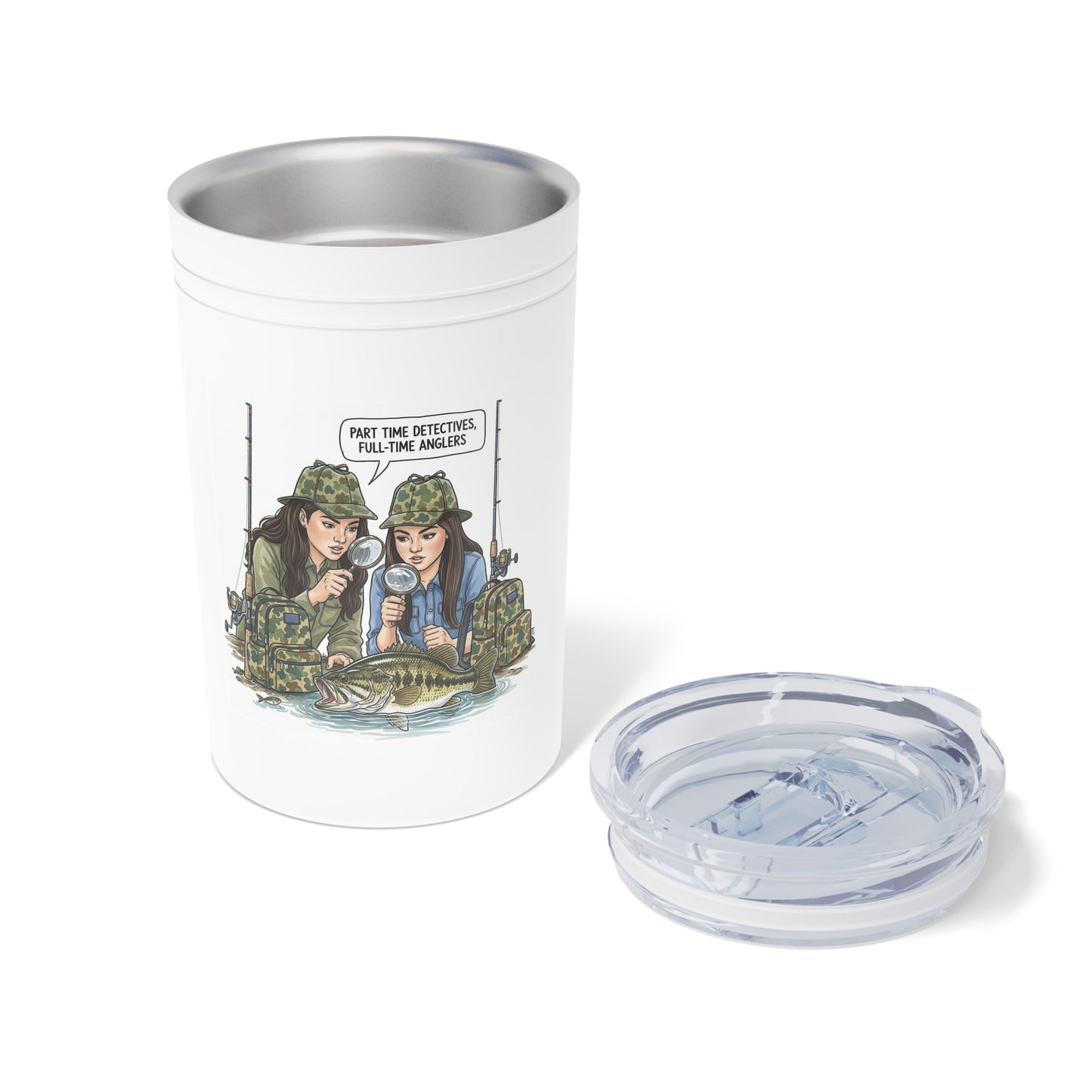 Tumbler with illustration of two people in camouflage hats and a fish, on a white background.