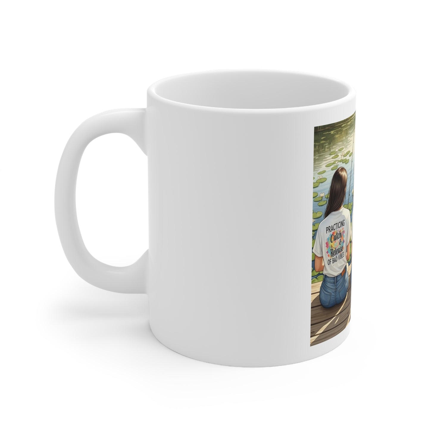 White mug with a photo of a person by a lake on one side