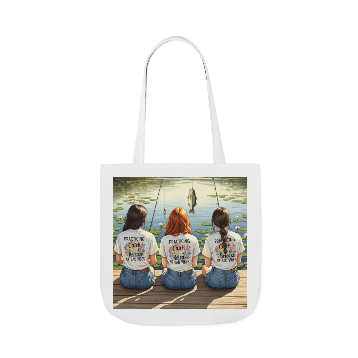 Tote bag with a printed design of three women fishing on a dock.
