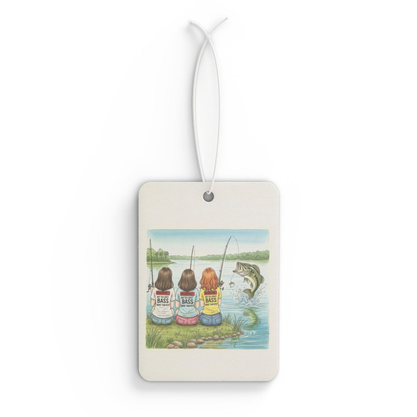 Air freshener with illustration of three women fishing and a fish on a white background