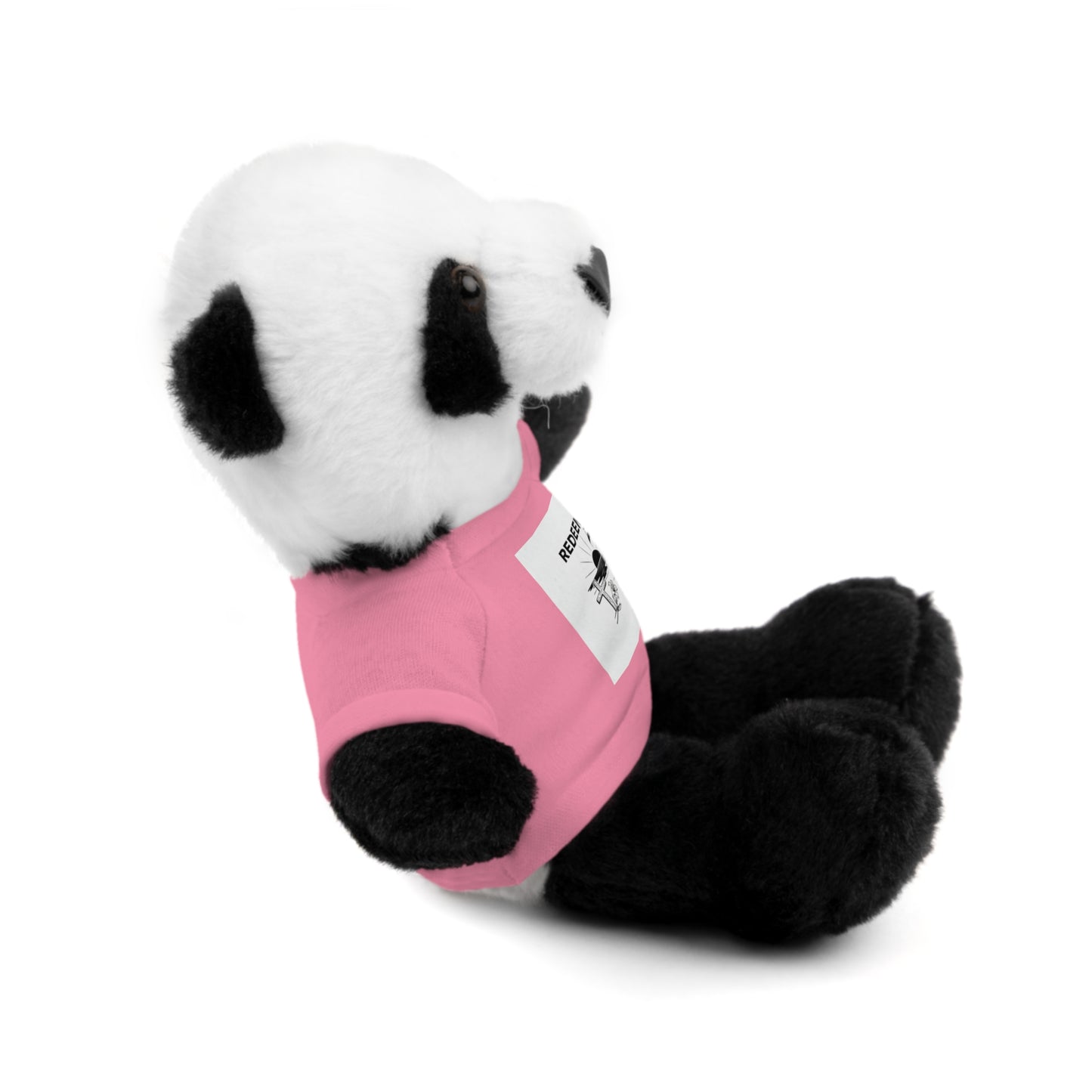 Plush panda toy wearing a pink shirt on a white background