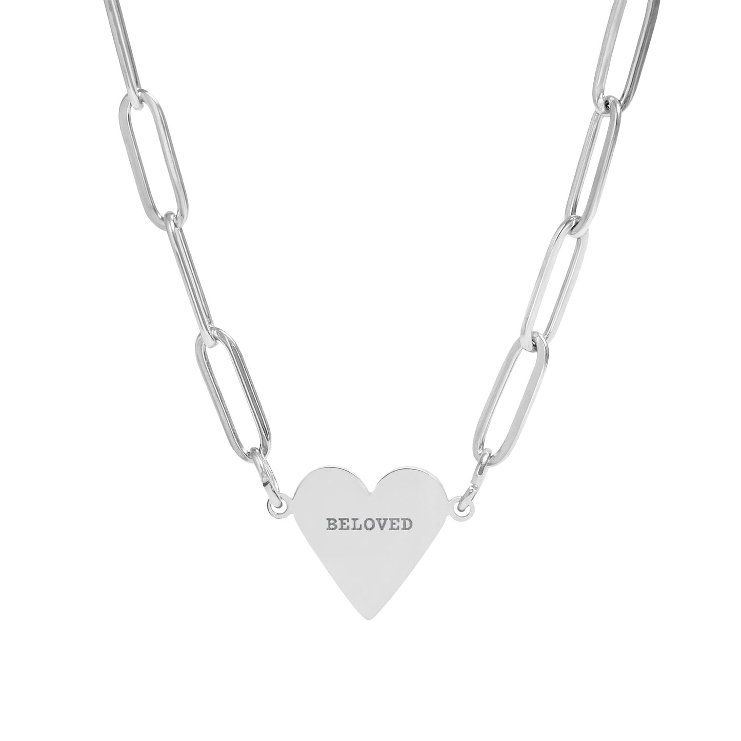 Silver necklace with a heart-shaped pendant labeled 'BELoved' on a white background