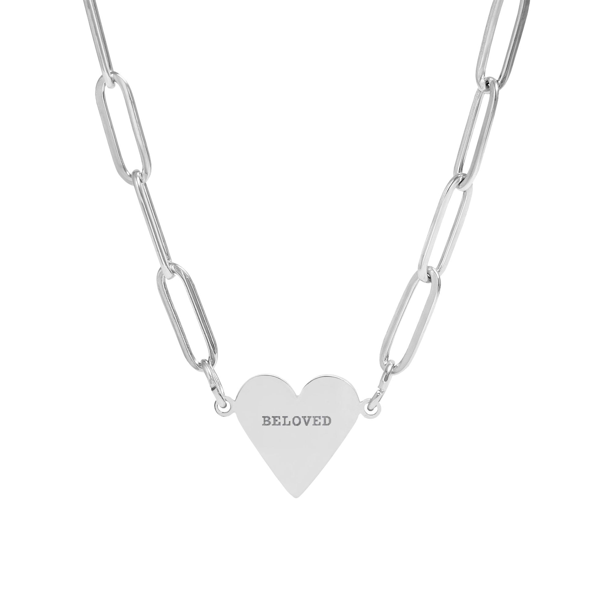 Silver necklace with a heart-shaped pendant labeled 'BELoved' on a white background