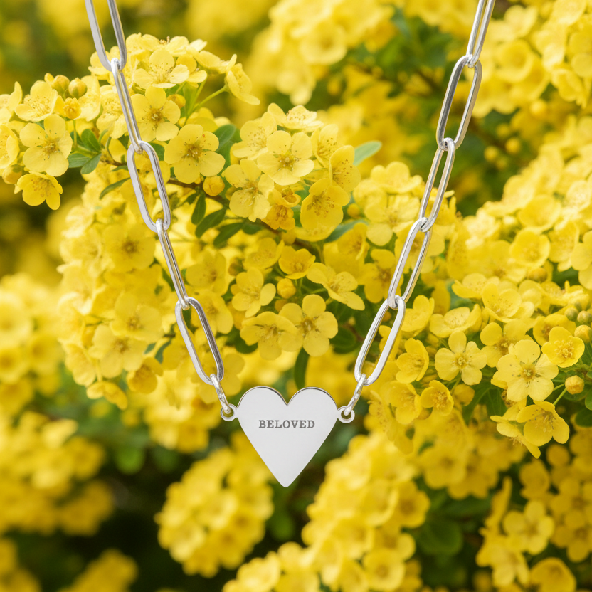 Silver paper clip chain necklace with a heart-shaped 'BELoved' pendant against a yellow flower background