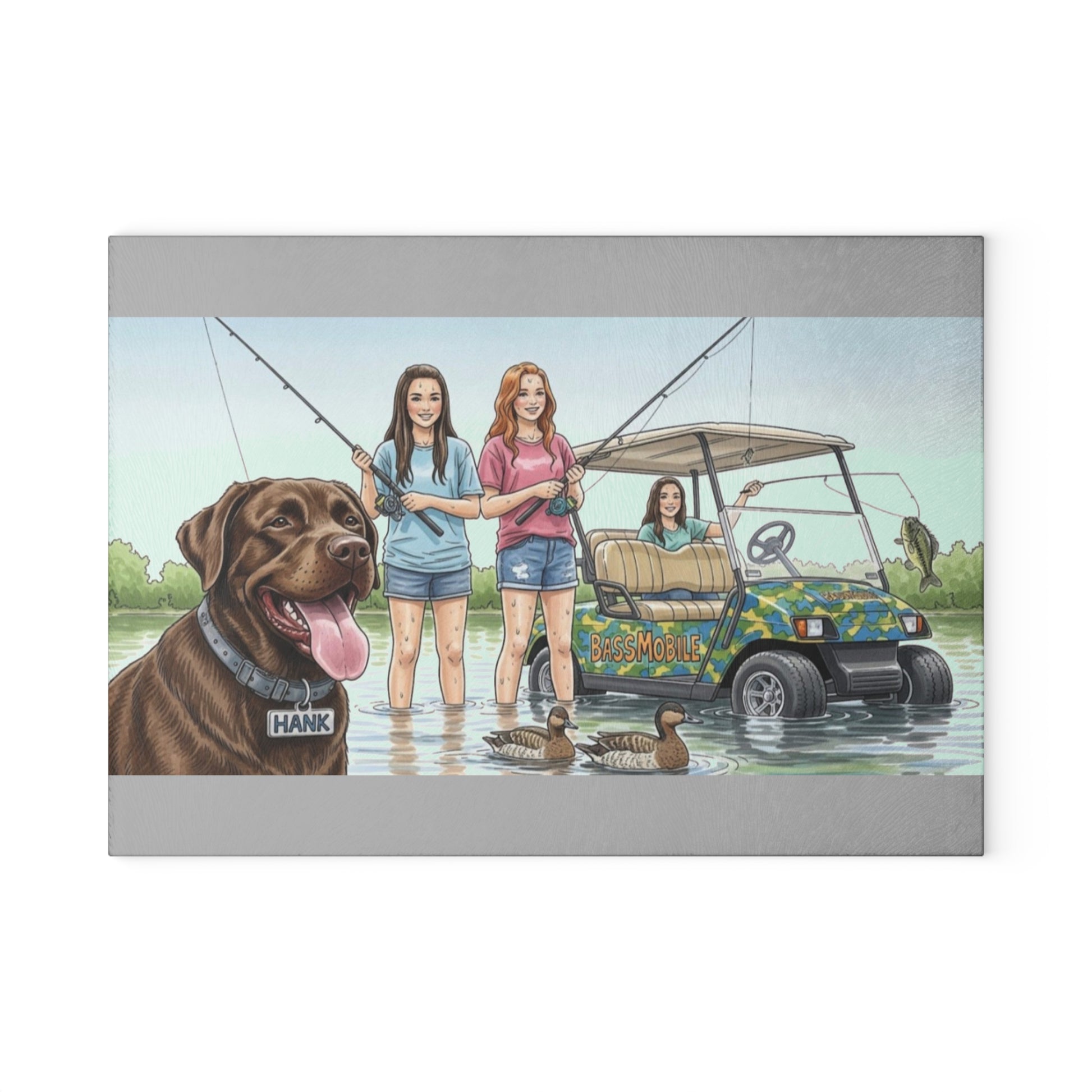 Illustration of a dog named Hank with three women by a lake, one in a golf cart on a glass cutting board.
