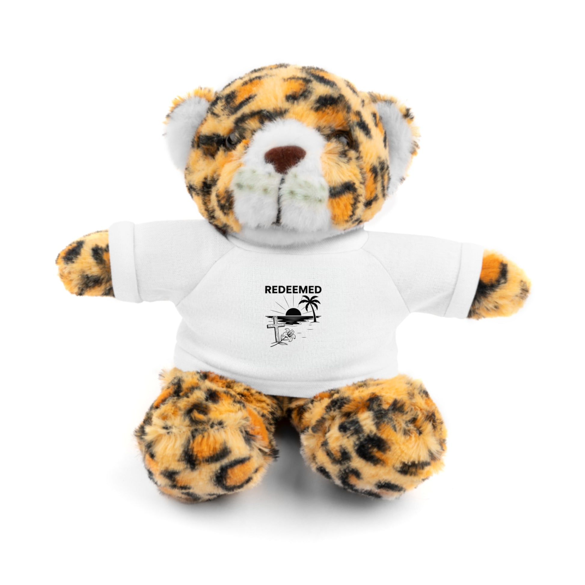 Plush toy tiger wearing a white shirt with 'REDEEMED' text on a white background