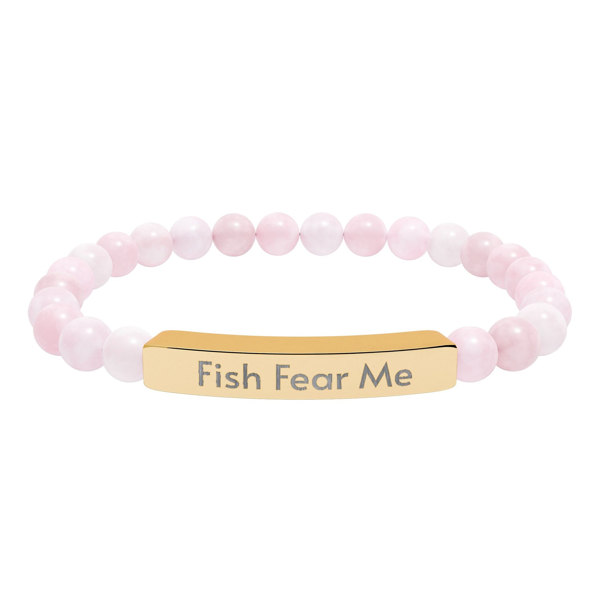 Pink beaded bracelet with a gold bar featuring 'Fish Fear Me' on a white background