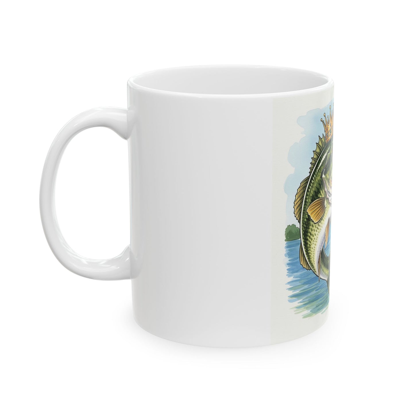 Side view of White mug with a fish design on a white background